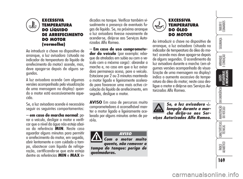 Alfa Romeo 159 2011  Manual de Uso e Manutenção (in Portuguese) 169
SEGURANÇA 
LUZES 
AVISADORAS 
E MENSAGENS 
EM EMERGÊNCIA 
MANUTENÇÃO 
DO VEÍCULO 
CARACTERÍSTICASTÉCNICAS 
ÍNDICE 
ALFABÉTICO
TABLIER E 
COMANDOS
ARRANQUE 
E CONDUÇÃO 
dicados no tanque