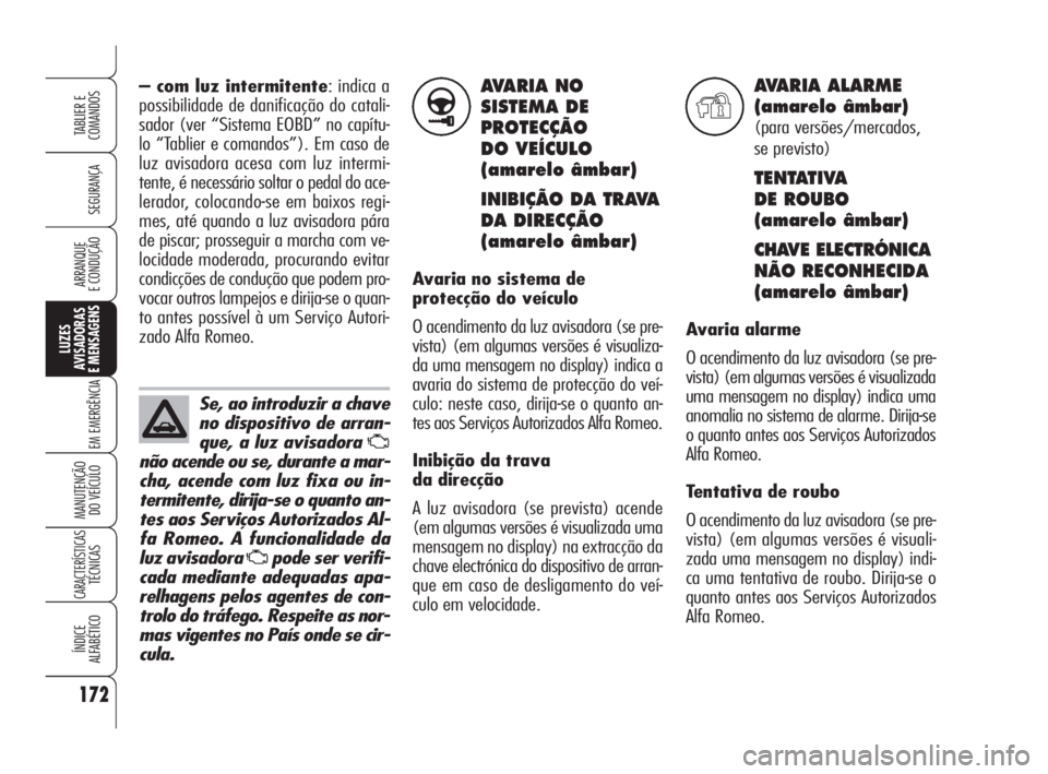 Alfa Romeo 159 2011  Manual de Uso e Manutenção (in Portuguese) AVARIA NO
SISTEMA DE
PROTECÇÃO 
DO VEÍCULO 
(amarelo âmbar)
INIBIÇÃO DA TRAVA 
DA DIRECÇÃO
(amarelo âmbar)
Avaria no sistema de
protecção do veículo
O acendimento da luz avisadora (se pre-
