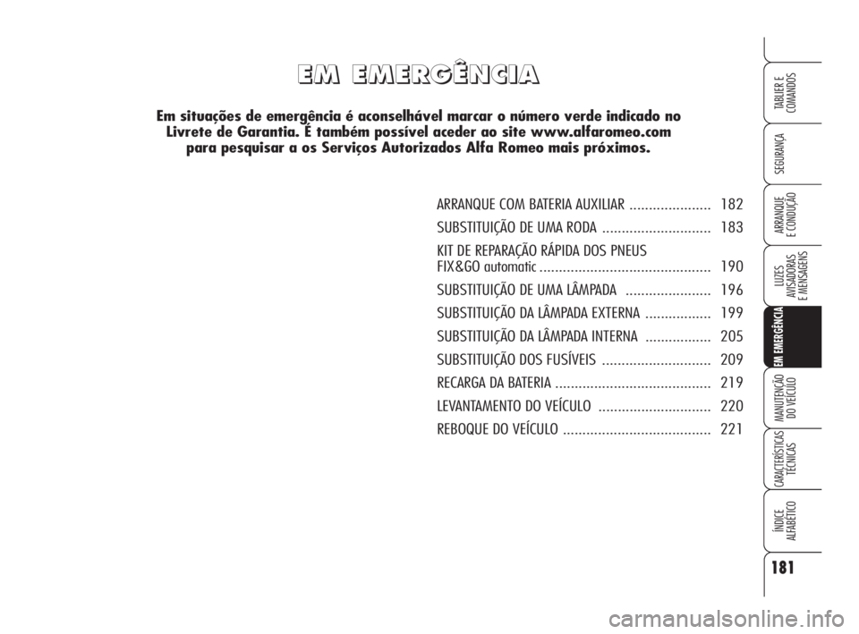Alfa Romeo 159 2011  Manual de Uso e Manutenção (in Portuguese) 181
SEGURANÇA 
LUZES 
AVISADORAS 
E MENSAGENS 
EM EMERGÊNCIA
MANUTENÇÃO 
DO VEÍCULO 
CARACTERÍSTICASTÉCNICAS 
ÍNDICE 
ALFABÉTICO
TABLIER E 
COMANDOS
ARRANQUE 
E CONDUÇÃO 
E E
M M
   
E E
M 