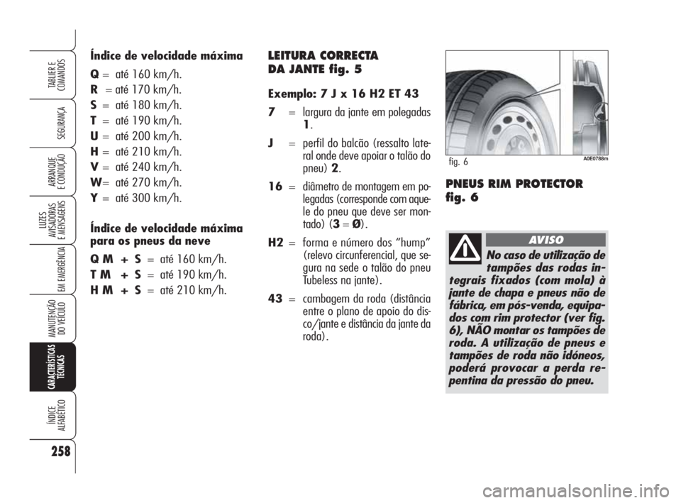 Alfa Romeo 159 2011 Manual de Uso e Manutenção (in Portuguese) LEITURA CORRECTA
DA JANTE fig. 5
Exemplo: 7 J x 16 H2 ET 43
7= largura da jante em polegadas
1.
J= perfil do balcão (ressalto late-
ral onde deve apoiar o talão do
pneu) 2.
16= diâmetro de montag Alfa Romeo 159 2011 Manual de Uso e Manutenção (in Portuguese) LEITURA CORRECTA
DA JANTE fig. 5
Exemplo: 7 J x 16 H2 ET 43
7= largura da jante em polegadas
1.
J= perfil do balcão (ressalto late-
ral onde deve apoiar o talão do
pneu) 2.
16= diâmetro de montag