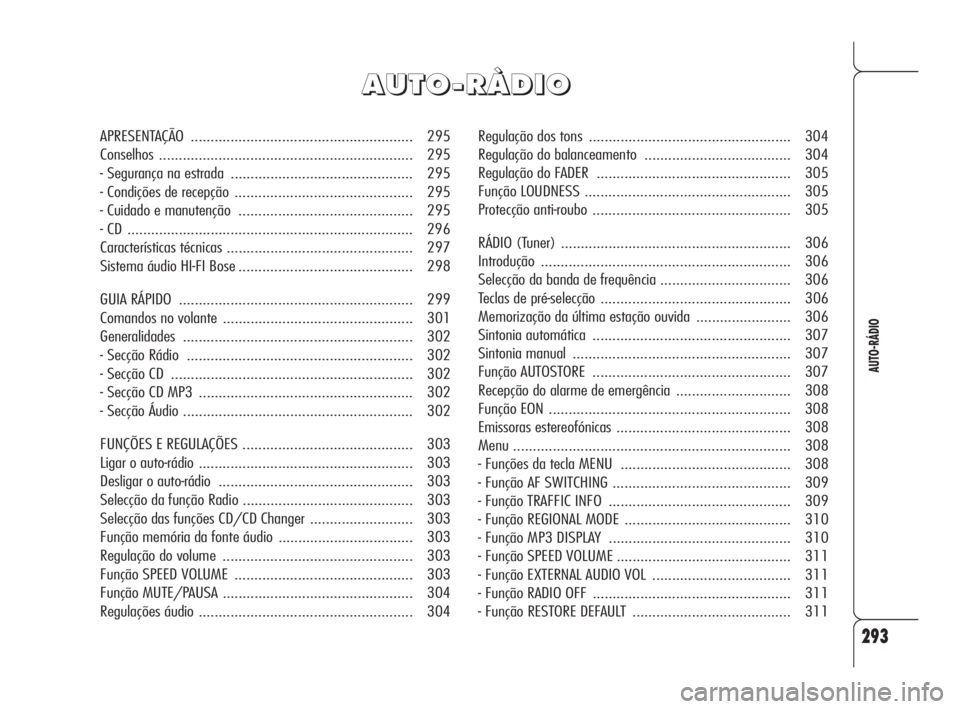 Alfa Romeo 159 2011 Manual de Uso e Manutenção (in Portuguese) 293
AUTO-RÁDIO
Regulação dos tons ................................................... 304
Regulação do balanceamento ..................................... 304
Regulação do FADER ............... Alfa Romeo 159 2011 Manual de Uso e Manutenção (in Portuguese) 293
AUTO-RÁDIO
Regulação dos tons ................................................... 304
Regulação do balanceamento ..................................... 304
Regulação do FADER ...............