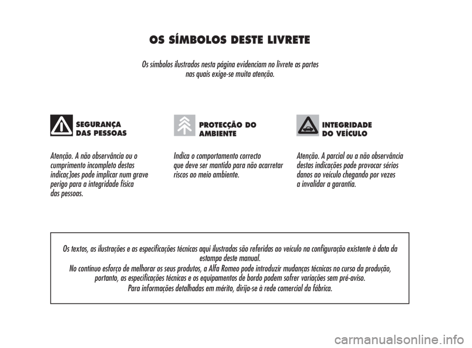 Alfa Romeo 159 2010  Manual de Uso e Manutenção (in Portuguese) OS SÍMBOLOS DESTE LIVRETE
Os símbolos ilustrados nesta página evidenciam no livrete as partes 
nas quais exige-se muita atenção.
Atenção. A não observância ou o
cumprimento incompleto destas
