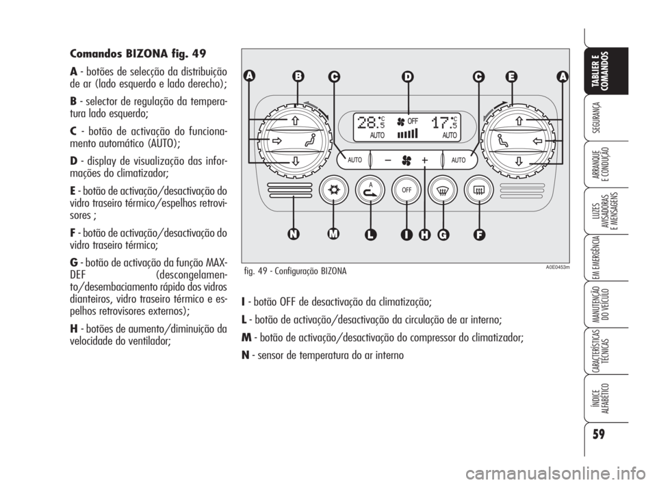 Alfa Romeo 159 2011  Manual de Uso e Manutenção (in Portuguese) 59
SEGURANÇA 
LUZES 
AVISADORAS 
E MENSAGENS 
EM EMERGÊNCIA 
MANUTENÇÃO 
DO VEÍCULO 
CARACTERÍSTICASTÉCNICAS 
ÍNDICE 
ALFABÉTICO
TABLIER E 
COMANDOS
ARRANQUE 
E CONDUÇÃO 
I - botão OFF de 