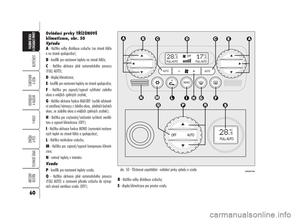 Alfa Romeo 159 2008  Návod k použití a údržbě (in Czech) Ovládací prvky TŘÍZÓNOVÉ
klimatizace, obr. 50 
Vpředu
A- tlačítka volby distribuce vzduchu (na straně řidiče
a na straně spolujezdce);
B- knoflík pro nastavení teploty na straně řidi�