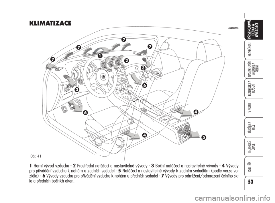 Alfa Romeo 159 2011  Návod k použití a údržbě (in Czech) 53
BEZPEČNOST
KONTROLKY A
HLÁŠENÍ
V NOUZI
ÚDRŽBA A 
PÉČE
TECHNICKÉ
ÚDAJE
REJSTŘÍK
PŘÍSTROJOVÁ 
DESKA A 
OVLADAČE
NASTARTOVÁNÍ
MOTORU A 
ŘÍZENÍ
53
KLIMATIZACE
1Horní vývod vzduch