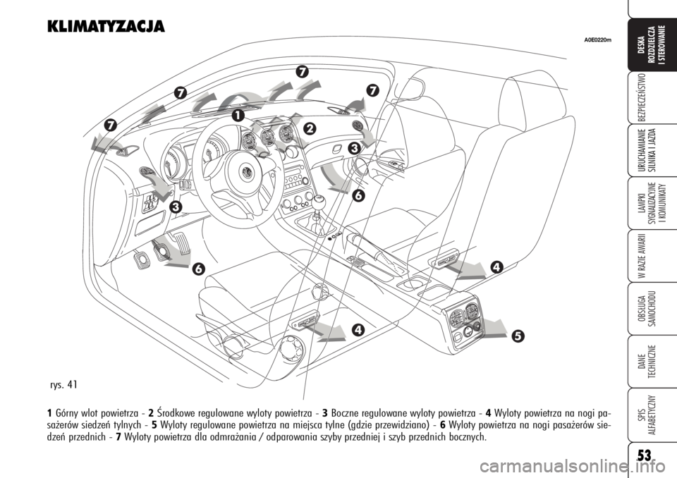 Alfa Romeo 159 2006 Instrukcja obsługi (in Polish) 53BEZPIECZE¡STWOLAMPKI
SYGNALIZACYJNE
I KOMUNIKATYW RAZIE AWARIIOBS¸UGA
SAMOCHODUDANE
TECHNICZNESPIS
ALFABETYCZNYDESKA
ROZDZIELCZA
I STEROWANIEURUCHAMIANIE
SILNIKA I JAZDA53
KLIMATYZACJA1Górny wl Alfa Romeo 159 2006 Instrukcja obsługi (in Polish) 53BEZPIECZE¡STWOLAMPKI
SYGNALIZACYJNE
I KOMUNIKATYW RAZIE AWARIIOBS¸UGA
SAMOCHODUDANE
TECHNICZNESPIS
ALFABETYCZNYDESKA
ROZDZIELCZA
I STEROWANIEURUCHAMIANIE
SILNIKA I JAZDA53
KLIMATYZACJA1Górny wl
