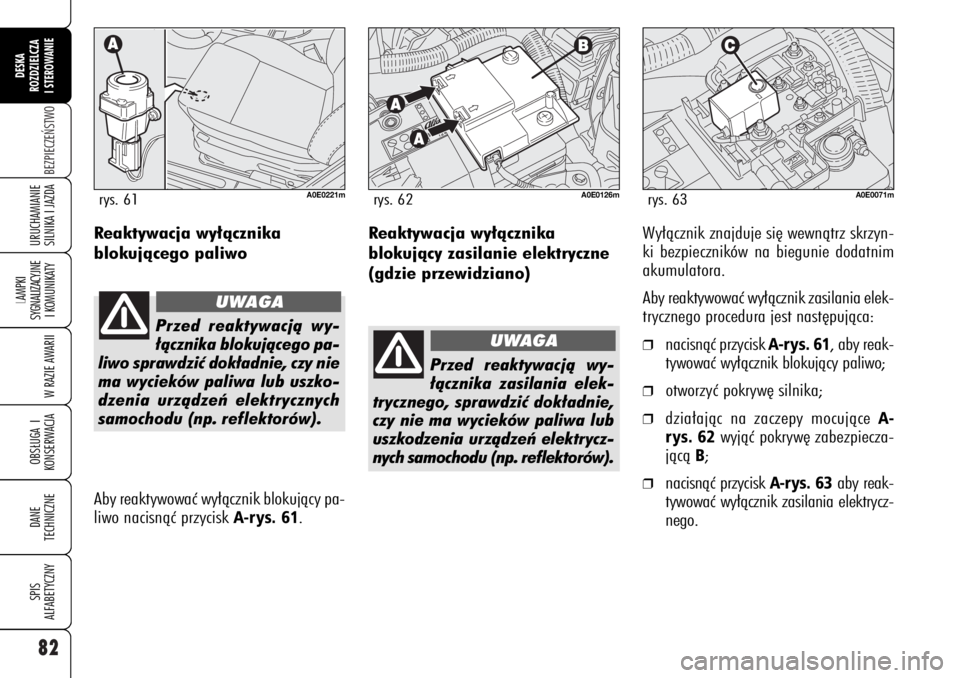 Alfa Romeo 159 2007  Instrukcja obsługi (in Polish) 82BEZPIECZE¡STWO
LAMPKI 
SYGNALIZACYJNE
I KOMUNIKATY
W RAZIE AWARIIOBS¸UGA I
KONSERWACJADANE 
TECHNICZNESPIS
ALFABETYCZNYDESKA
ROZDZIELCZA
I STEROWANIEURUCHAMIANIE
SILNIKA I JAZDA
Reaktywacja wy∏