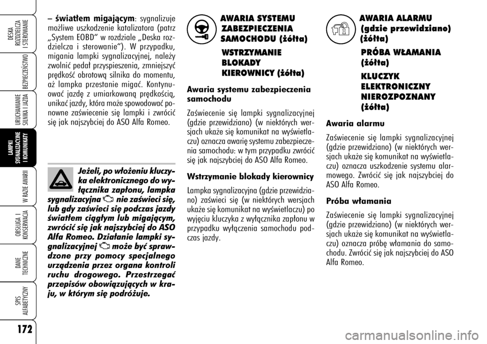 Alfa Romeo 159 2008  Instrukcja obsługi (in Polish) AWARIA SYSTEMU 
ZABEZPIECZENIA 
SAMOCHODU (˝ó∏ta)
WSTRZYMANIE 
BLOKADY 
KIEROWNICY (˝ó∏ta)
Awaria systemu zabezpieczenia
samochodu
ZaÊwiecenie si´ lampki sygnalizacyjnej
(gdzie przewidziano)