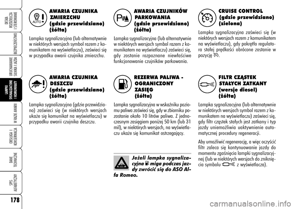 Alfa Romeo 159 2008  Instrukcja obsługi (in Polish) 178
BEZPIECZE¡STWO
LAMPKI
SYGNALIZACYJNE
I KOMUNIKATY
W RAZIE AWARIIOBS¸UGA I
KONSERWACJADANE 
TECHNICZNESPIS
ALFABETYCZNYDESKA
ROZDZIELCZA
I STEROWANIEURUCHAMIANIE
SILNIKA I JAZDA
REZERWA PALIWA -
