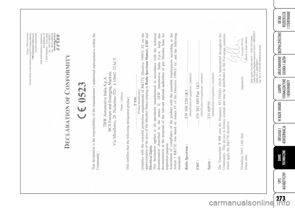 Alfa Romeo 159 2008 Instrukcja obsługi (in Polish) 273
BEZPIECZE¡STWO LAMPKI
SYGNALIZACYJNE
I KOMUNIKATYW RAZIE AWARIIOBS¸UGA I
KONSERWACJADANE
TECHNICZNESPIS
ALFABETYCZNYDESKA
ROZDZIELCZA
I STEROWANIEURUCHAMIANIE
SILNIKA I JAZDA Alfa Romeo 159 2008 Instrukcja obsługi (in Polish) 273
BEZPIECZE¡STWO LAMPKI
SYGNALIZACYJNE
I KOMUNIKATYW RAZIE AWARIIOBS¸UGA I
KONSERWACJADANE
TECHNICZNESPIS
ALFABETYCZNYDESKA
ROZDZIELCZA
I STEROWANIEURUCHAMIANIE
SILNIKA I JAZDA