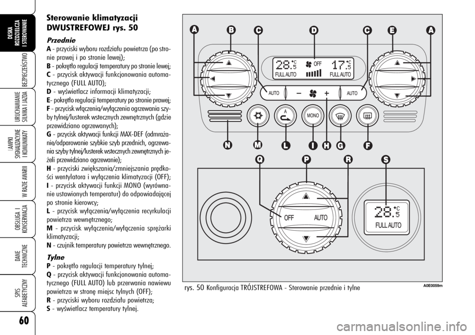 Alfa Romeo 159 2008  Instrukcja obsługi (in Polish) 60BEZPIECZE¡STWO
LAMPKI 
SYGNALIZACYJNE
I KOMUNIKATY
W RAZIE AWARIIOBS¸UGA I
KONSERWACJADANE 
TECHNICZNESPIS
ALFABETYCZNYDESKA
ROZDZIELCZA
I STEROWANIEURUCHAMIANIE
SILNIKA I JAZDA
Sterowanie klimaty