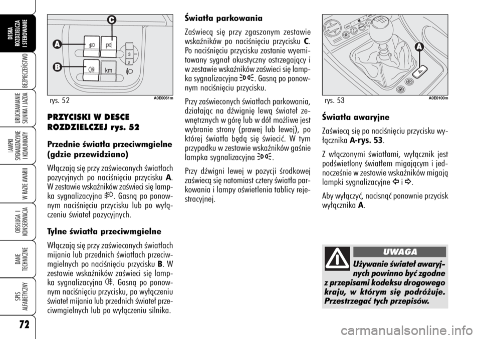Alfa Romeo 159 2008  Instrukcja obsługi (in Polish) 72BEZPIECZE¡STWO
LAMPKI 
SYGNALIZACYJNE
I KOMUNIKATY
W RAZIE AWARIIOBS¸UGA I
KONSERWACJADANE 
TECHNICZNESPIS
ALFABETYCZNYDESKA
ROZDZIELCZA
I STEROWANIEURUCHAMIANIE
SILNIKA I JAZDA
Âwiat∏a parkowa
