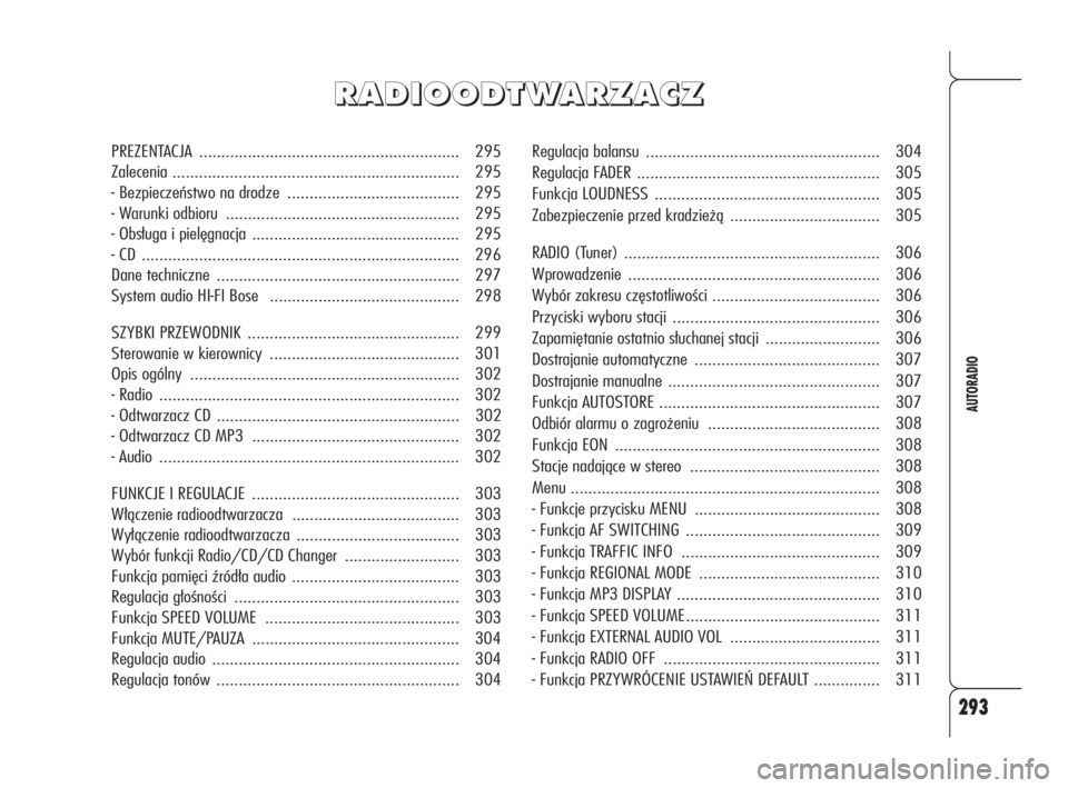 Alfa Romeo 159 2010  Instrukcja obsługi (in Polish) 293
AUTORADIO
Regulacja balansu ..................................................... 304
Regulacja FADER....................................................... 305
Funkcja LOUDNESS...................