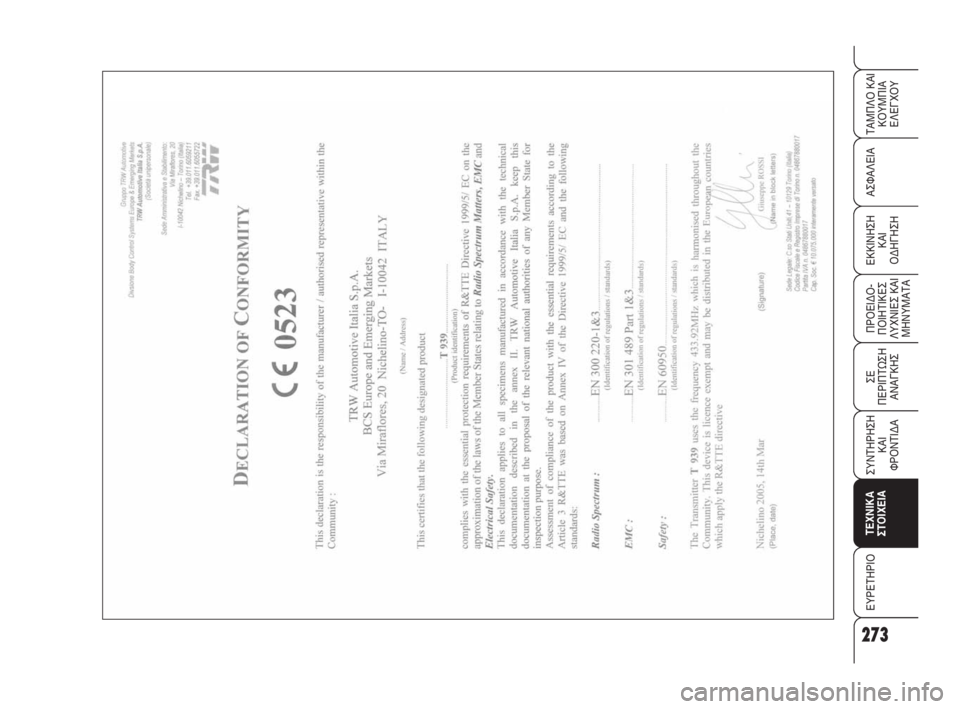 Alfa Romeo 159 2010  ΒΙΒΛΙΟ ΧΡΗΣΗΣ ΚΑΙ ΣΥΝΤΗΡΗΣΗΣ (in Greek) 273
ΑΣΦΑΛΕΙΑ
ΠΡΟΕΙΔΟ -
ΠΟΙΗΤΙΚΕΣ
ΛΥΧΝΙΕΣ ΚΑΙ
ΜΗΝΥΜΑΤΑ
ΣΕ 
ΠΕΡΙΠΤΩΣΗ
ΑΝΑΓΚΗΣ
ΣΥΝΤΗΡΗΣΗ
ΚΑΙ 
ΦΡΟΝΤΙΔΑ
ΤΕΧΝΙΚΑ
ΣΤ
