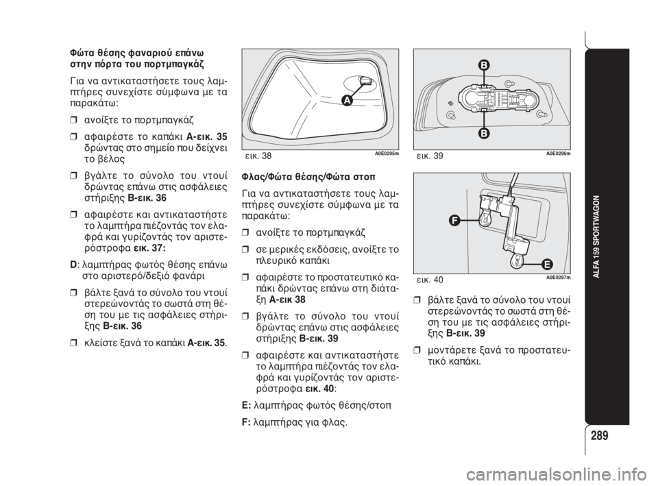 Alfa Romeo 159 2010  ΒΙΒΛΙΟ ΧΡΗΣΗΣ ΚΑΙ ΣΥΝΤΗΡΗΣΗΣ (in Greek) 289
ALFA 159 SPORTWAGON
Φώτα θέσης φαναριού επάνω
στην πόρτα του πορτμπαγκάζ
Για να αντικαταστήσετε τους λαμ-
πτήρες συ