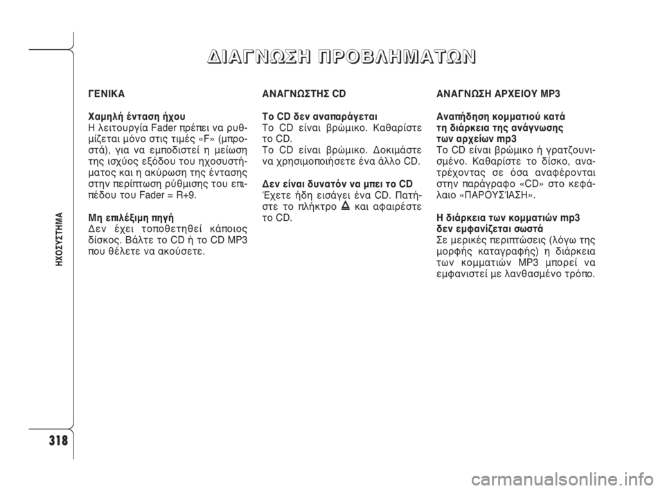 Alfa Romeo 159 2010  ΒΙΒΛΙΟ ΧΡΗΣΗΣ ΚΑΙ ΣΥΝΤΗΡΗΣΗΣ (in Greek) 318
ΗΧΟΣΥΣΤΗΜΑ
ΓΕΝΙΚΑ
Χαμηλή ένταση ήχου 
Η λειτουργία Fader πρέπει να ρυθ-
μίζεται μόνο στις τιμές «F» (μπρο-
στά), 