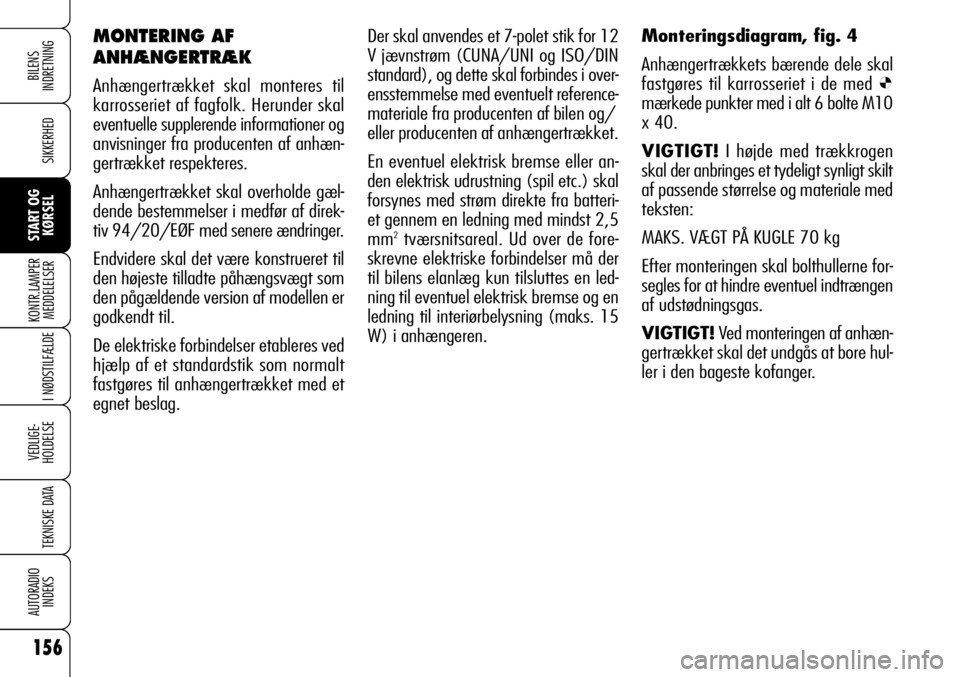 Alfa Romeo 159 2008 Brugs- og vedligeholdelsesvejledning (in Danish) 156
SIKKERHED
KONTR.LAMPER
MEDDELELSER
I NØDSTILFÆLDE
VEDLIGE-
HOLDELSE
TEKNISKE DATA
AUTORADIO
INDEKS
START OG
KØRSEL
BILENS
INDRETNING
Der skal anvendes et 7-polet stik for 12
V jævnstrøm (CUN Alfa Romeo 159 2008 Brugs- og vedligeholdelsesvejledning (in Danish) 156
SIKKERHED
KONTR.LAMPER
MEDDELELSER
I NØDSTILFÆLDE
VEDLIGE-
HOLDELSE
TEKNISKE DATA
AUTORADIO
INDEKS
START OG
KØRSEL
BILENS
INDRETNING
Der skal anvendes et 7-polet stik for 12
V jævnstrøm (CUN