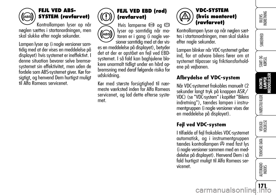 Alfa Romeo 159 2008 Brugs- og vedligeholdelsesvejledning (in Danish) 171
SIKKERHED
KONTR.
LAMPER
MEDDELELSER
I NØDSTILFÆLDE
VEDLIGE-
HOLDELSE
TEKNISKE DATA
AUTORADIO
INDEKS
START OG
KØRSEL
BILENS
INDRETNING
FEJL VED EBD (rød)
(ravfar vet)
Hvis lamperne >og x
lyser Alfa Romeo 159 2008 Brugs- og vedligeholdelsesvejledning (in Danish) 171
SIKKERHED
KONTR.
LAMPER
MEDDELELSER
I NØDSTILFÆLDE
VEDLIGE-
HOLDELSE
TEKNISKE DATA
AUTORADIO
INDEKS
START OG
KØRSEL
BILENS
INDRETNING
FEJL VED EBD (rød)
(ravfar vet)
Hvis lamperne >og x
lyser