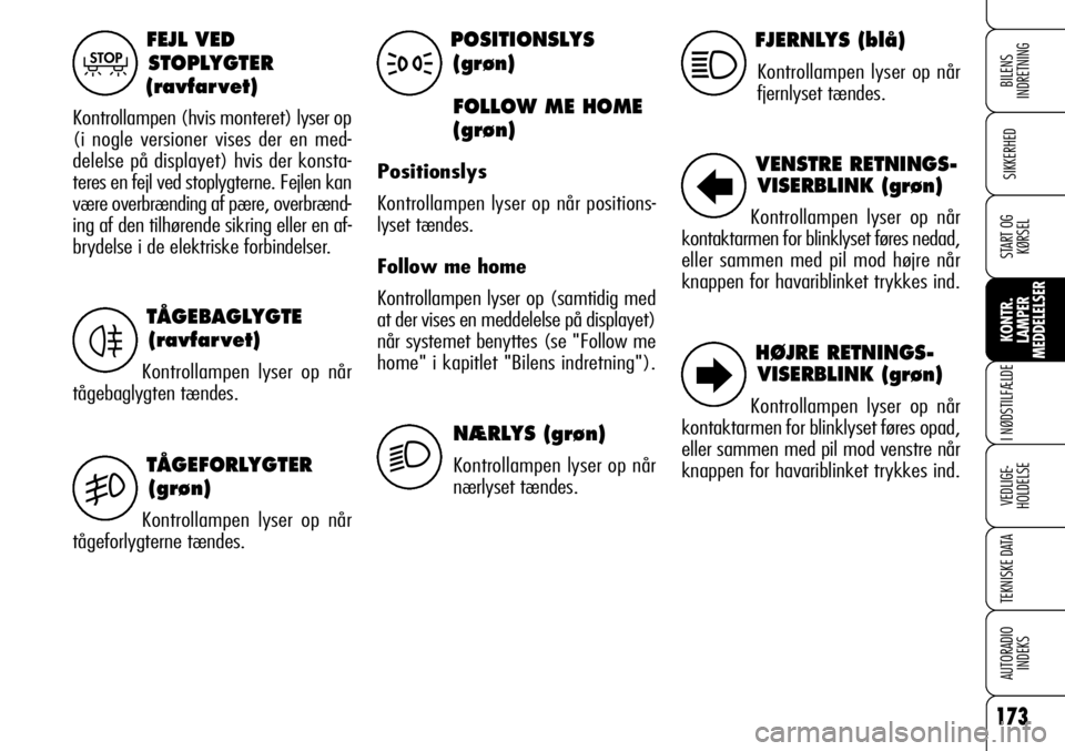 Alfa Romeo 159 2009  Brugs- og vedligeholdelsesvejledning (in Danish) 173
SIKKERHED
KONTR.
LAMPER
MEDDELELSER
I NØDSTILFÆLDE
VEDLIGE-
HOLDELSE
TEKNISKE DATA
AUTORADIO
INDEKS
START OG
KØRSEL
BILENS 
INDRETNING
FEJL VED
STOPLYGTER
(ravfar vet)
Kontrollampen (hvis monte