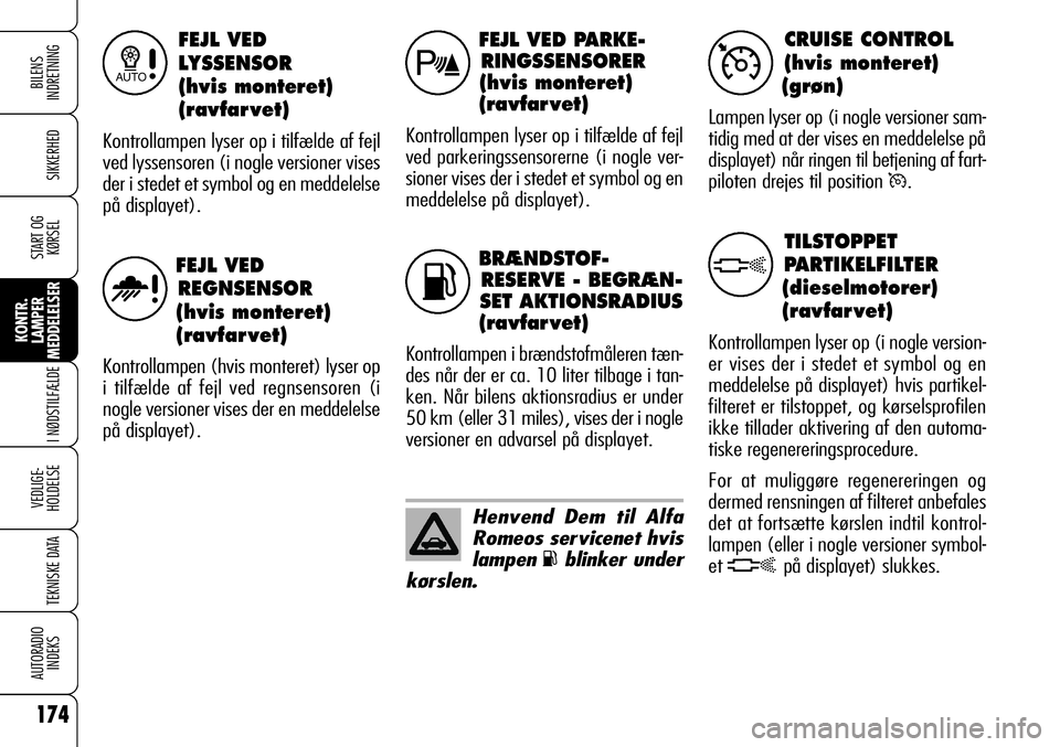 Alfa Romeo 159 2008 Brugs- og vedligeholdelsesvejledning (in Danish) BRÆNDSTOF-
RESERVE - BEGRÆN-
SET AKTIONSRADIUS
(ravfar vet)
Kontrollampen i brændstofmåleren tæn-
des når der er ca. 10 liter tilbage i tan-
ken. Når bilens aktionsradius er under
50 km (eller Alfa Romeo 159 2008 Brugs- og vedligeholdelsesvejledning (in Danish) BRÆNDSTOF-
RESERVE - BEGRÆN-
SET AKTIONSRADIUS
(ravfar vet)
Kontrollampen i brændstofmåleren tæn-
des når der er ca. 10 liter tilbage i tan-
ken. Når bilens aktionsradius er under
50 km (eller