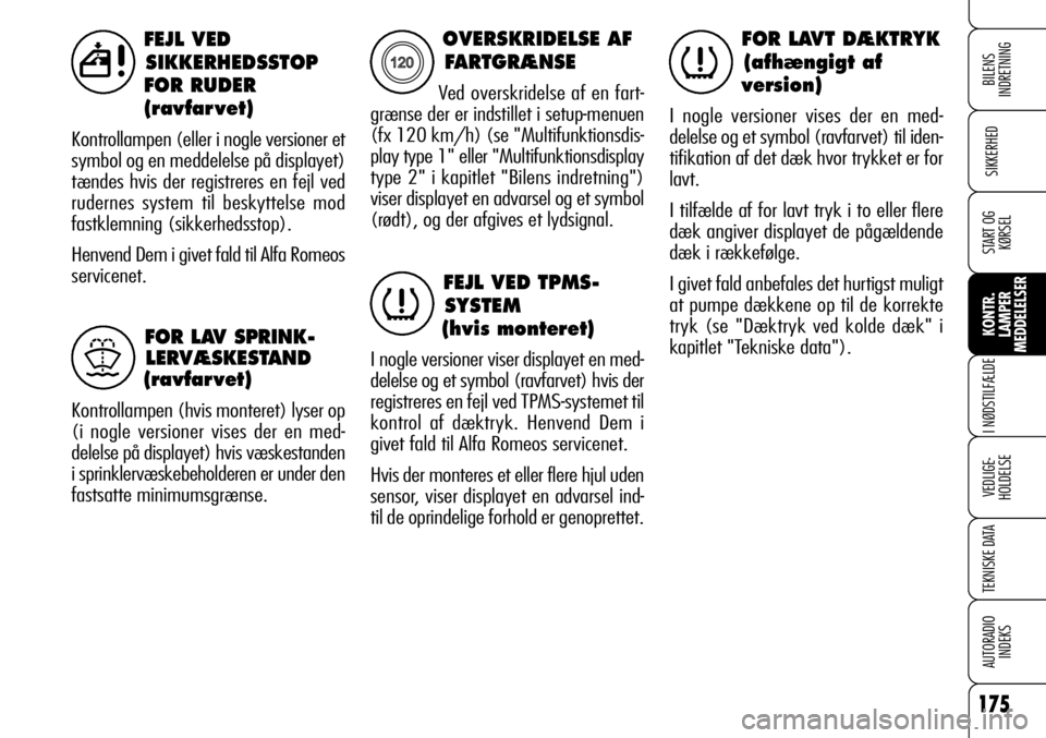 Alfa Romeo 159 2009  Brugs- og vedligeholdelsesvejledning (in Danish) 175
SIKKERHED
KONTR.
LAMPER
MEDDELELSER
I NØDSTILFÆLDE
VEDLIGE-
HOLDELSE
TEKNISKE DATA
AUTORADIO
INDEKS
START OG
KØRSEL
BILENS 
INDRETNING
FEJL VED
SIKKERHEDSSTOP
FOR RUDER
(ravfar vet)
Kontrollamp