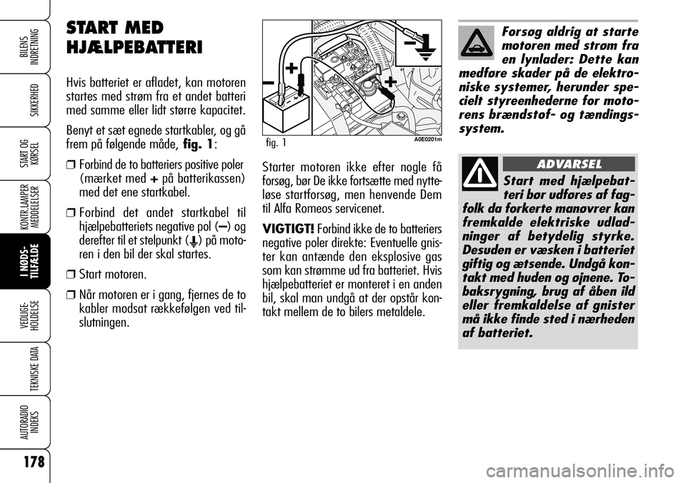 Alfa Romeo 159 2008 Brugs- og vedligeholdelsesvejledning (in Danish) 178
SIKKERHED
KONTR.LAMPER
MEDDELELSER
I NØDS-
TILFÆLDE
VEDLIGE-
HOLDELSE
TEKNISKE DATA
AUTORADIO
INDEKS
START OG
KØRSEL
BILENS
INDRETNING
START MED
HJÆLPEBATTERI
Hvis batteriet er afladet, kan m Alfa Romeo 159 2008 Brugs- og vedligeholdelsesvejledning (in Danish) 178
SIKKERHED
KONTR.LAMPER
MEDDELELSER
I NØDS-
TILFÆLDE
VEDLIGE-
HOLDELSE
TEKNISKE DATA
AUTORADIO
INDEKS
START OG
KØRSEL
BILENS
INDRETNING
START MED
HJÆLPEBATTERI
Hvis batteriet er afladet, kan m