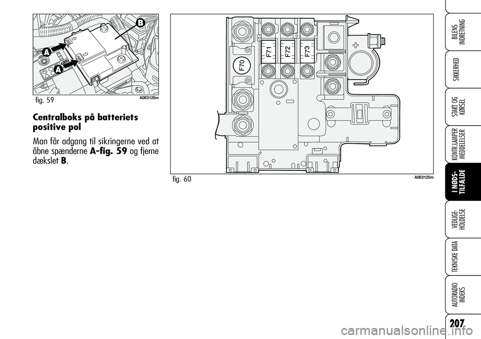 Alfa Romeo 159 2008  Brugs- og vedligeholdelsesvejledning (in Danish) 207
SIKKERHED
KONTR.LAMPER
MEDDELELSER
I NØDS-
TILFÆLDE
VEDLIGE-
HOLDELSE
TEKNISKE DATA
AUTORADIO
INDEKS
START OG
KØRSEL
BILENS 
INDRETNING
Centralboks på batteriets
positive pol
Man får adgang t