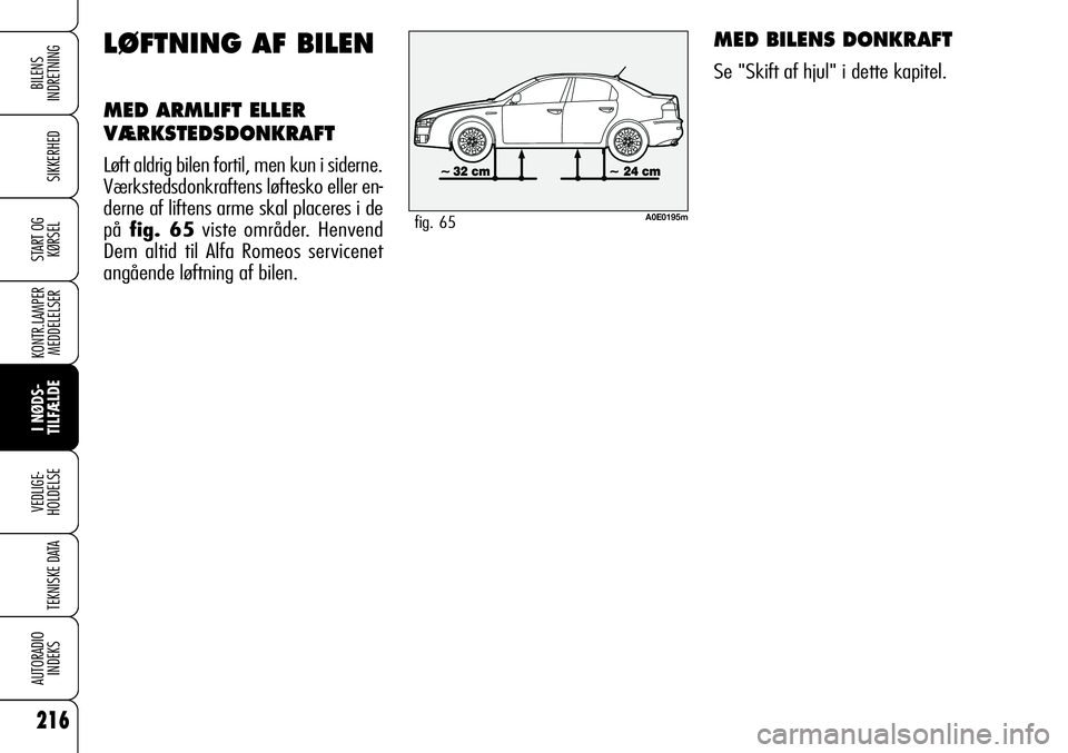 Alfa Romeo 159 2008 Brugs- og vedligeholdelsesvejledning (in Danish) 216
SIKKERHED
KONTR.LAMPER
MEDDELELSER
I NØDS-
TILFÆLDE
VEDLIGE-
HOLDELSE
TEKNISKE DATA
AUTORADIO
INDEKS
START OG
KØRSEL
BILENS
INDRETNING
MED BILENS DONKRAFT
Se "Skift af hjul" i dette ka Alfa Romeo 159 2008 Brugs- og vedligeholdelsesvejledning (in Danish) 216
SIKKERHED
KONTR.LAMPER
MEDDELELSER
I NØDS-
TILFÆLDE
VEDLIGE-
HOLDELSE
TEKNISKE DATA
AUTORADIO
INDEKS
START OG
KØRSEL
BILENS
INDRETNING
MED BILENS DONKRAFT
Se "Skift af hjul" i dette ka