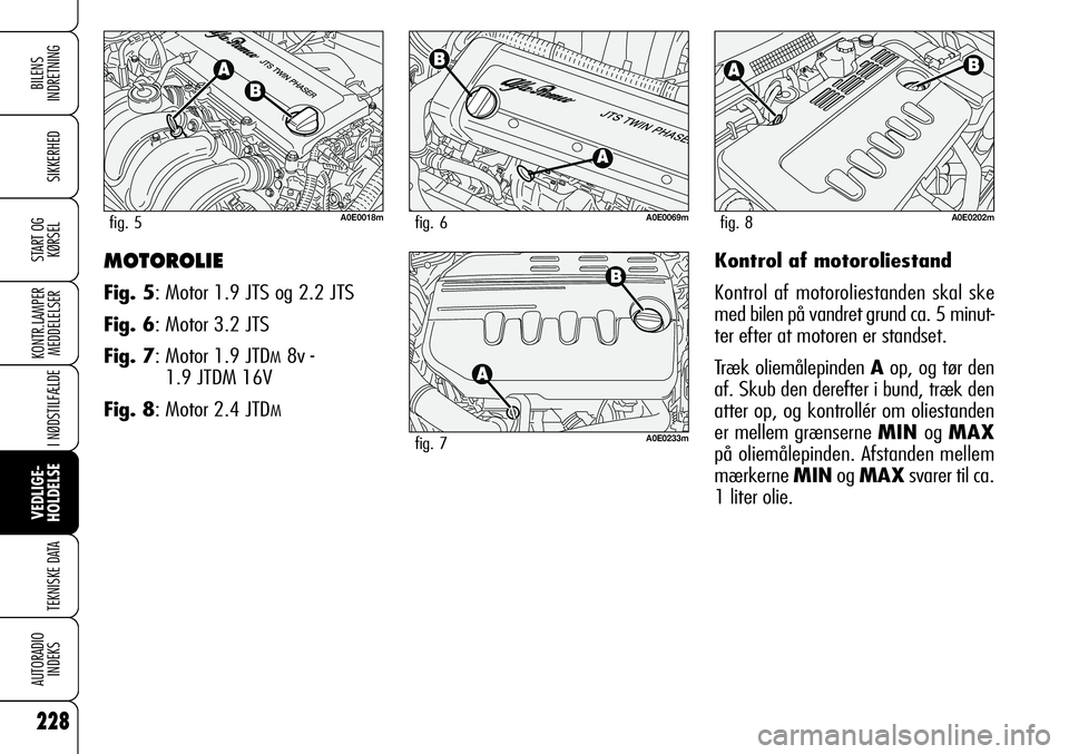 Alfa Romeo 159 2008 Brugs- og vedligeholdelsesvejledning (in Danish) 228
SIKKERHED
KONTR.LAMPER
MEDDELELSER
I NØDSTILFÆLDE
VEDLIGE-
HOLDELSE
TEKNISKE DATA
AUTORADIO
INDEKS
START OG
KØRSEL
BILENS
INDRETNING
MOTOROLIE
Fig. 5: Motor 1.9 JTS og 2.2 JTS
Fig. 6: Motor 3. Alfa Romeo 159 2008 Brugs- og vedligeholdelsesvejledning (in Danish) 228
SIKKERHED
KONTR.LAMPER
MEDDELELSER
I NØDSTILFÆLDE
VEDLIGE-
HOLDELSE
TEKNISKE DATA
AUTORADIO
INDEKS
START OG
KØRSEL
BILENS
INDRETNING
MOTOROLIE
Fig. 5: Motor 1.9 JTS og 2.2 JTS
Fig. 6: Motor 3.