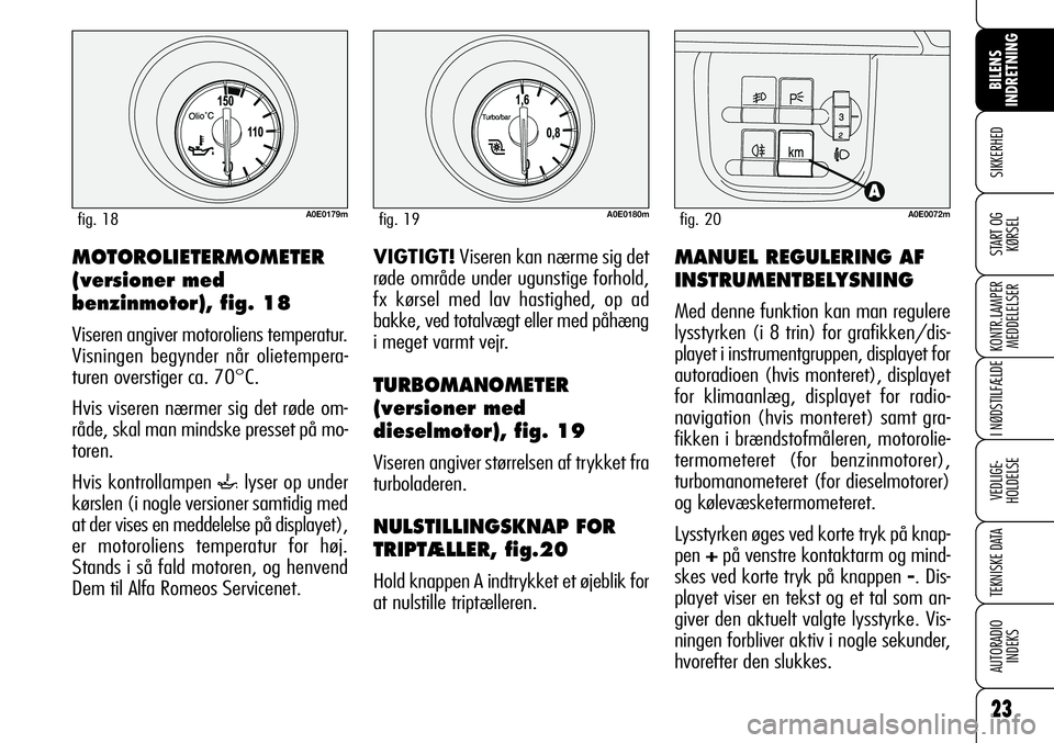 Alfa Romeo 159 2008  Brugs- og vedligeholdelsesvejledning (in Danish) 23
SIKKERHED
KONTR.LAMPER
MEDDELELSER
I NØDSTILFÆLDE
VEDLIGE-
HOLDELSE
TEKNISKE DATA
AUTORADIO
INDEKS
BILENS 
INDRETNING
START OG
KØRSELVIGTIGT!Viseren kan nærme sig det
røde område under ugunst