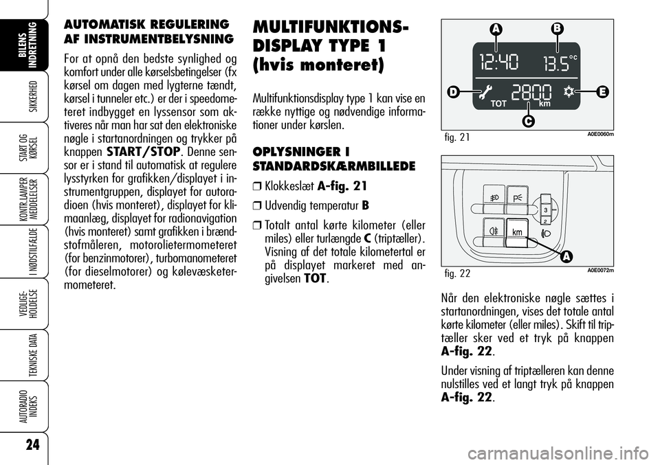 Alfa Romeo 159 2008  Brugs- og vedligeholdelsesvejledning (in Danish) 24
SIKKERHED
KONTR.LAMPER
MEDDELELSER
I NØDSTILFÆLDE
VEDLIGE-
HOLDELSE
TEKNISKE DATA
AUTORADIO
INDEKS
BILENS 
INDRETNING
START OG
KØRSEL
Når den elektroniske nøgle sættes i
startanordningen, vis