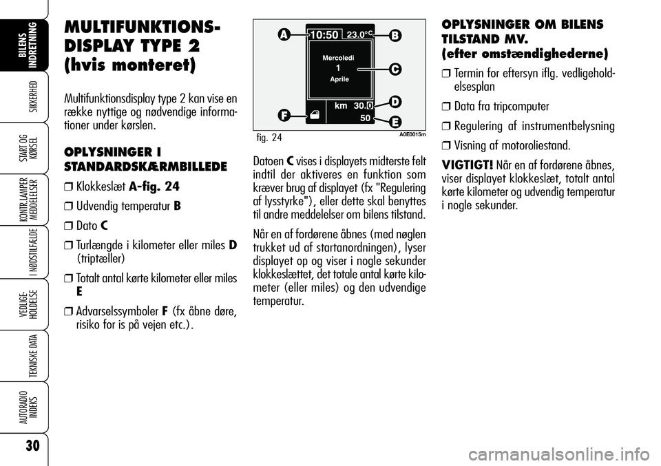 Alfa Romeo 159 2009  Brugs- og vedligeholdelsesvejledning (in Danish) 30
SIKKERHED
KONTR.LAMPER
MEDDELELSER
I NØDSTILFÆLDE
VEDLIGE-
HOLDELSE
TEKNISKE DATA
AUTORADIO
INDEKS
BILENS 
INDRETNING
START OG
KØRSELDatoen Cvises i displayets midterste felt
indtil der aktivere