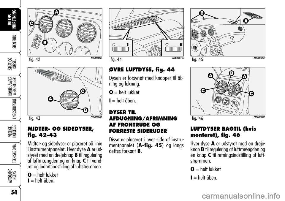 Alfa Romeo 159 2008  Brugs- og vedligeholdelsesvejledning (in Danish) 54
SIKKERHED
KONTR.LAMPER
MEDDELELSER
I NØDSTILFÆLDE
VEDLIGE-
HOLDELSE
TEKNISKE DATA
AUTORADIO
INDEKS
START OG
KØRSEL
BILENS 
INDRETNING
MIDTER- OG SIDEDYSER,
fig. 42-43
Midter- og sidedyser er pla