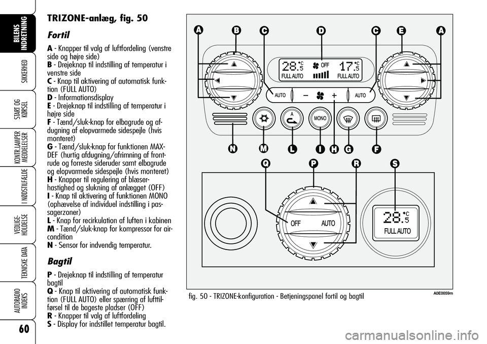 Alfa Romeo 159 2008  Brugs- og vedligeholdelsesvejledning (in Danish) 60
SIKKERHED
KONTR.LAMPER
MEDDELELSER
I NØDSTILFÆLDE
VEDLIGE-
HOLDELSE
TEKNISKE DATA
AUTORADIO
INDEKS
START OG
KØRSEL
BILENS 
INDRETNING
TRIZONE-anlæg, fig. 50
Fortil
A- Knapper til valg af luftfo