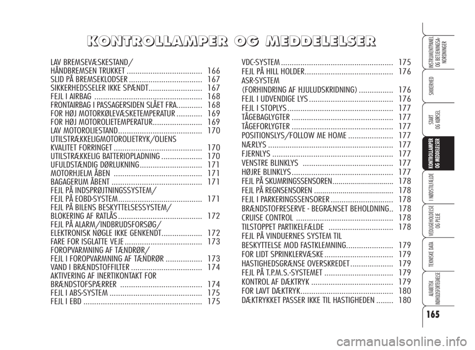 Alfa Romeo 159 2010  Brugs- og vedligeholdelsesvejledning (in Danish) 165
SIKKERHED
KONTROLLAMPER
OG MEDDELELSER 
I NØDSTILFÆLDE
VEDLIGEHOLDELSE
OG PLEJE
TEKNISKE DATA
ALFABETISK 
INDHOLDSFORTEGNELSE
INSTRUMENTPANEL
OG BETJENINGSA-
NORDNINGER
START 
OG KØRSEL
K K
O O