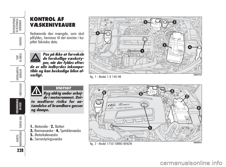 Alfa Romeo 159 2011 Brugs- og vedligeholdelsesvejledning (in Danish) 228
SIKKERHED
KONTROLLAMPER OG
MEDDELELSER
I NØDSTILFÆLDE
VEDLIGEHOLDELSE
OG PLEJE
TEKNISKE DATA
ALFABETISK
INDHOLDSFORTEGNELSE
INSTRUMENTPANEL
OG BETJENINGSA-
NORDNINGER
START
OG KØRSEL
KONTROL Alfa Romeo 159 2011 Brugs- og vedligeholdelsesvejledning (in Danish) 228
SIKKERHED
KONTROLLAMPER OG
MEDDELELSER
I NØDSTILFÆLDE
VEDLIGEHOLDELSE
OG PLEJE
TEKNISKE DATA
ALFABETISK
INDHOLDSFORTEGNELSE
INSTRUMENTPANEL
OG BETJENINGSA-
NORDNINGER
START
OG KØRSEL
KONTROL