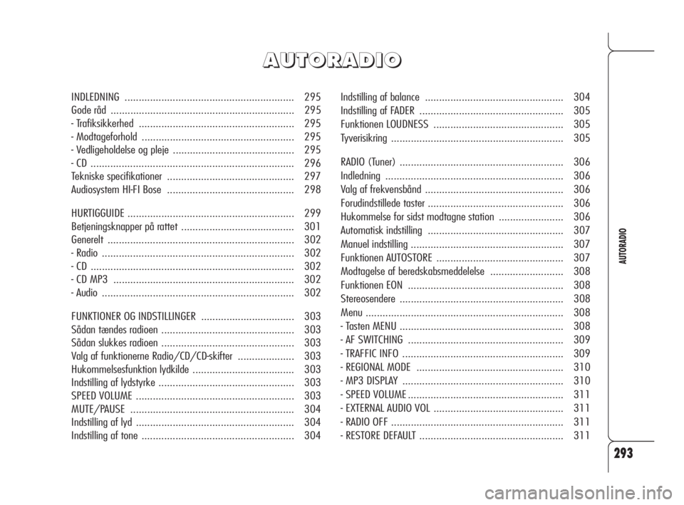 Alfa Romeo 159 2010  Brugs- og vedligeholdelsesvejledning (in Danish) 293
AUTORADIO
Indstilling af balance ................................................. 304
Indstilling af FADER ................................................... 305
Funktionen LOUDNESS.............