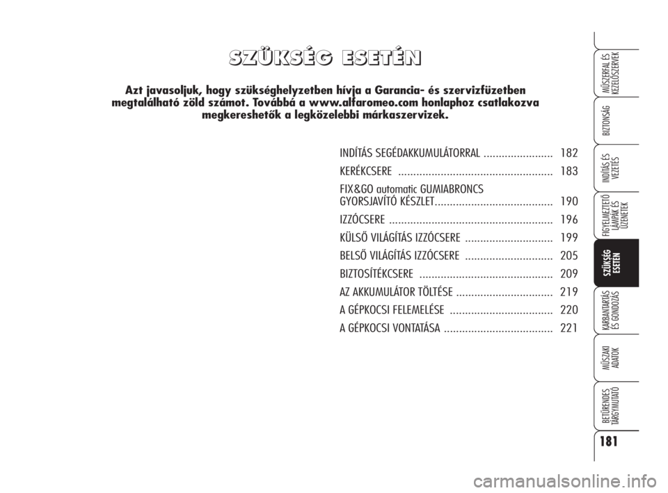Alfa Romeo 159 2011 Kezelési és karbantartási útmutató (in Hungarian) S S
Z Z
Ü Ü
K K
S S
É É
G G
E E
S S
E E
T T
É É
N N
Azt javasoljuk, hogy szükséghelyzetben hívja a Garancia- és szervizfüzetben
megtalálható zöld számot. Továbbá a www.alfaromeo. Alfa Romeo 159 2011 Kezelési és karbantartási útmutató (in Hungarian) S S
Z Z
Ü Ü
K K
S S
É É
G G
E E
S S
E E
T T
É É
N N
Azt javasoljuk, hogy szükséghelyzetben hívja a Garancia- és szervizfüzetben
megtalálható zöld számot. Továbbá a www.alfaromeo.