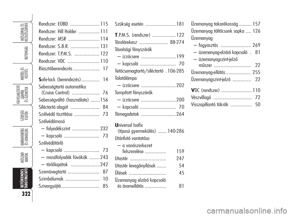 Alfa Romeo 159 2010  Kezelési és karbantartási útmutató (in Hungarian) 322
BIZTONSÁG
FIGYELMEZTETŐ
LÁMPÁK 
ÉS ÜZENETEK
SZÜKSÉG 
ESETÉN
KARBANTARTÁS
ÉS GONDOZÁS
MŰSZAKI 
ADATOK
BETŰRENDESTÁ R G Y M U TAT Ó
MŰSZERFAL ÉS
KEZELŐSZERVEK
INDÍTÁS ÉS 
VEZET