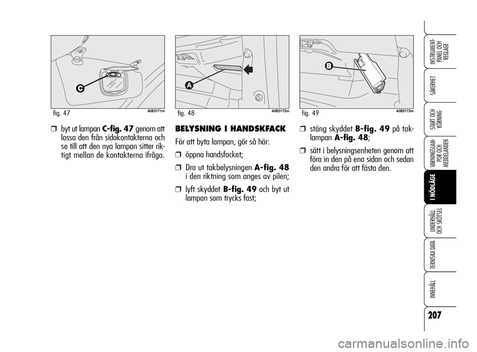 Alfa Romeo 159 2010 Drift- och underhållshandbok (in Swedish) 207
SÄKERHET
VARNINGSLAM-
POR OCH
MEDDELANDEN
I NÖDLÄGE
UNDERHÅLL
OCH SKÖTSEL
TEKNISKA DATA
INNEHÅLL
INSTRUMENT-
PANEL OCH
REGLAGE
START OCH
KÖRNING❒stäng skyddet B-fig. 49på tak-
lampan Alfa Romeo 159 2010 Drift- och underhållshandbok (in Swedish) 207
SÄKERHET
VARNINGSLAM-
POR OCH
MEDDELANDEN
I NÖDLÄGE
UNDERHÅLL
OCH SKÖTSEL
TEKNISKA DATA
INNEHÅLL
INSTRUMENT-
PANEL OCH
REGLAGE
START OCH
KÖRNING❒stäng skyddet B-fig. 49på tak-
lampan