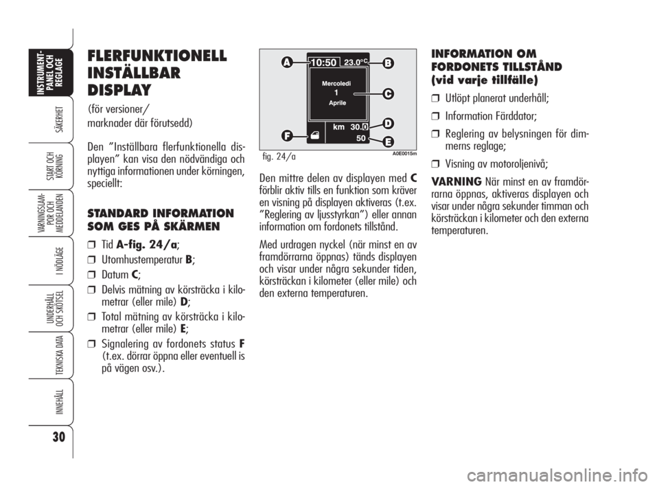 Alfa Romeo 159 2009  Drift- och underhållshandbok (in Swedish) 30
SÄKERHET
VARNINGSLAM-
POR OCH 
MEDDELANDEN
I NÖDLÄGE
UNDERHÅLL
OCH SKÖTSEL
TEKNISKA DATA
INNEHÅLL
INSTRUMENT-
PANEL OCH 
REGLAGE
START OCH 
KÖRNINGDen mittre delen av displayen med C
förbli