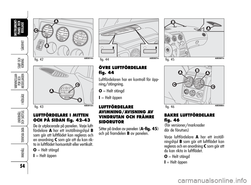 Alfa Romeo 159 2009  Drift- och underhållshandbok (in Swedish) 54
SÄKERHET
VARNINGSLAM-
POR OCH 
MEDDELANDEN
I NÖDLÄGE
UNDERHÅLL
OCH SKÖTSEL
TEKNISKA DATA
INNEHÅLL
INSTRUMENT-
PANEL OCH 
REGLAGE
START OCH 
KÖRNING
LUFTFÖRDELARE I MITTEN 
OCH PÅ SIDAN fig