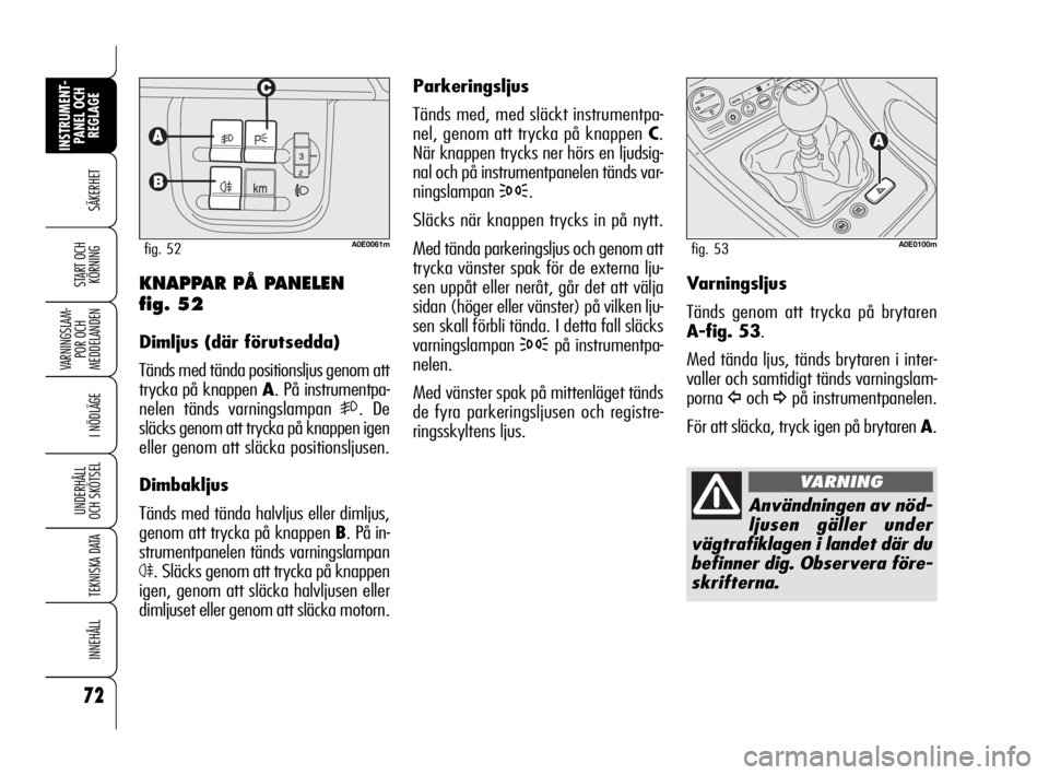 Alfa Romeo 159 2010  Drift- och underhållshandbok (in Swedish) 72
SÄKERHET
VARNINGSLAM-
POR OCH 
MEDDELANDEN
I NÖDLÄGE
UNDERHÅLL
OCH SKÖTSEL
TEKNISKA DATA
INNEHÅLL
INSTRUMENT-
PANEL OCH 
REGLAGE
START OCH 
KÖRNING
Parkeringsljus
Tänds med, med släckt ins