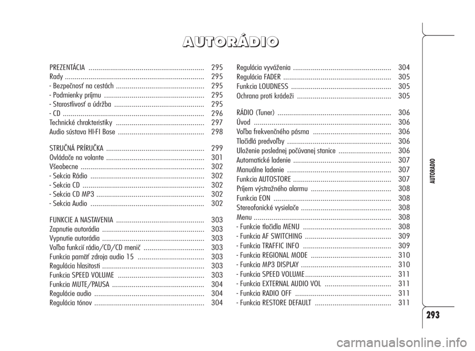 Alfa Romeo 159 2010  Návod na použitie a údržbu (in Slovak) 293
AUTORADIO
Regulácia vyváženia .................................................. 304
Regulácia FADER....................................................... 305
Funkcia LOUDNESS................