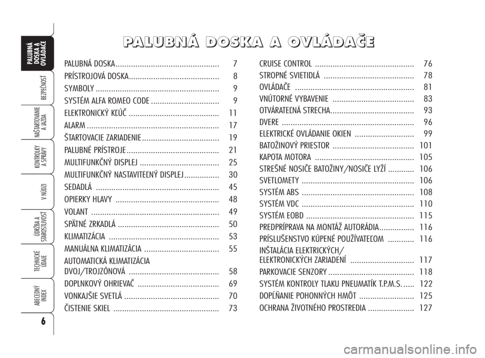 Alfa Romeo 159 2010 Návod na použitie a údržbu (in Slovak) 6
BEZPEČNOSŤ
KONTROLKY
A SPRÁVY
V NÚDZI
ÚDRŽBA A
STAROSTLIVOSŤ
TECHNICKÉ
ÚDAJE
ABECEDNÝ
INDEX
PALUBNÁ
DOSKA A
OVLÁDAČE
NAŠTARTOVANIE
A JAZDA
P P
A A
L L
U U
B B
N N
Á Á
D D
O O Alfa Romeo 159 2010 Návod na použitie a údržbu (in Slovak) 6
BEZPEČNOSŤ
KONTROLKY
A SPRÁVY
V NÚDZI
ÚDRŽBA A
STAROSTLIVOSŤ
TECHNICKÉ
ÚDAJE
ABECEDNÝ
INDEX
PALUBNÁ
DOSKA A
OVLÁDAČE
NAŠTARTOVANIE
A JAZDA
P P
A A
L L
U U
B B
N N
Á Á
D D
O O