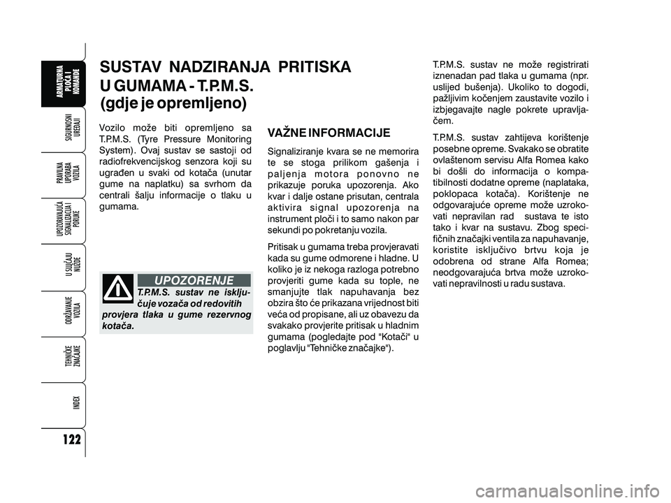 Alfa Romeo 159 2009  Knjižica s uputama za uporabu i održavanje (in Croatian) SUSTAV NADZIRANJA PRITISKA
U GUMAMA - T.P.M.S.
(gdje je opremljeno)
Vozilo mo`e biti opremljeno sa
T.P.M.S. (Tyre Pressure Monitoring
System). Ovaj sustav se sastoji od
radiofrekvencijskog senzora koj