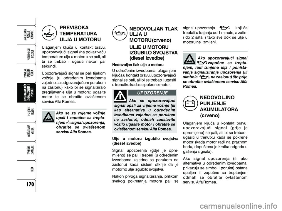 Alfa Romeo 159 2010 Knjižica s uputama za uporabu i održavanje (in Croatian) Ako se za vrijeme vo`nje
upali i zapo~ne sa trepta-
njem signal upozorenja,
obratite se ovla{tenom
servisu Alfa Romea.
PREVISOKA
TEMPERATURA
ULJA U MOTORU
Ulaganjem klju~a u kontakt bravu,
upozoravaju Alfa Romeo 159 2010 Knjižica s uputama za uporabu i održavanje (in Croatian) Ako se za vrijeme vo`nje
upali i zapo~ne sa trepta-
njem signal upozorenja,
obratite se ovla{tenom
servisu Alfa Romea.
PREVISOKA
TEMPERATURA
ULJA U MOTORU
Ulaganjem klju~a u kontakt bravu,
upozoravaju