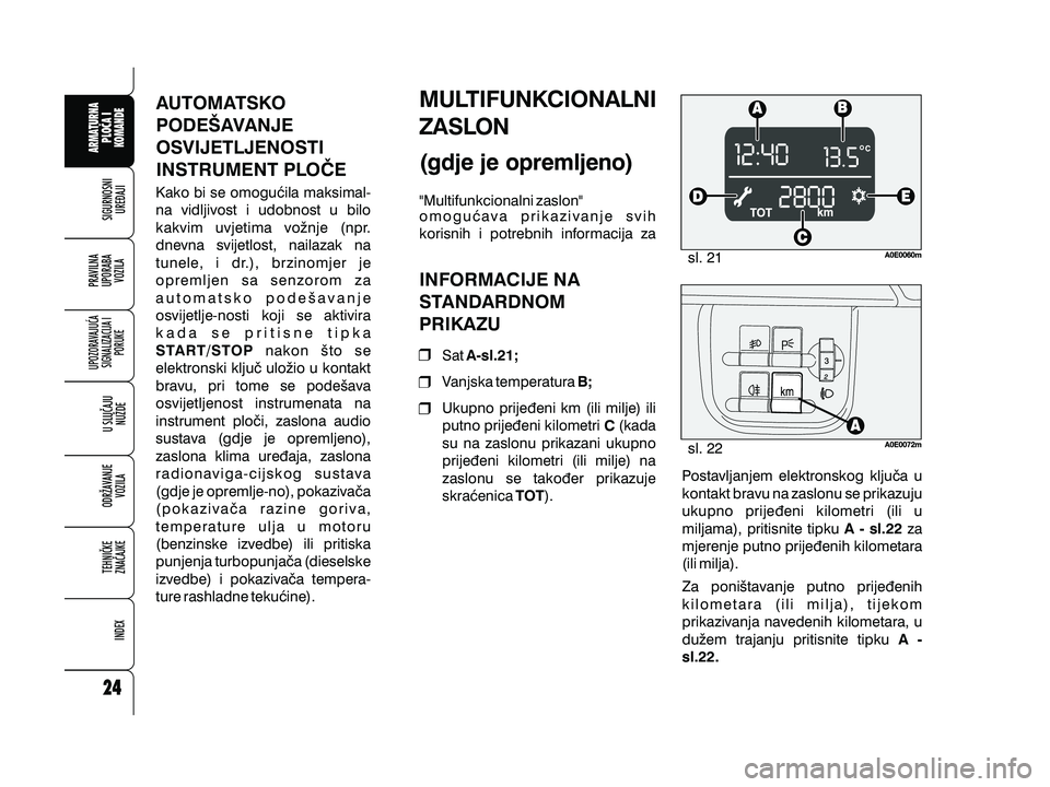 Alfa Romeo 159 2009 Knjižica s uputama za uporabu i održavanje (in Croatian) AUTOMATSKO
PODE[AVANJE
OSVIJETLJENOSTI
INSTRUMENT PLO^E
Kako bi se omogu}ila maksimal-
na vidljivost i udobnost u bilo
kakvim uvjetima vo`nje (npr.
dnevna svijetlost, nailazak na
tunele, i dr.), brzin Alfa Romeo 159 2009 Knjižica s uputama za uporabu i održavanje (in Croatian) AUTOMATSKO
PODE[AVANJE
OSVIJETLJENOSTI
INSTRUMENT PLO^E
Kako bi se omogu}ila maksimal-
na vidljivost i udobnost u bilo
kakvim uvjetima vo`nje (npr.
dnevna svijetlost, nailazak na
tunele, i dr.), brzin
