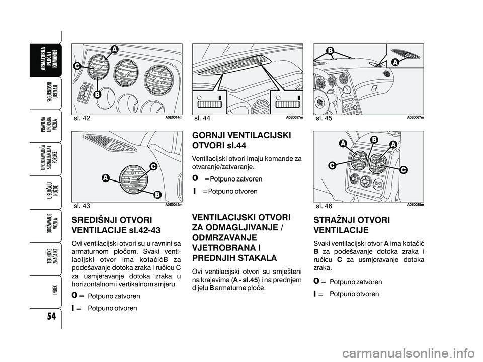 Alfa Romeo 159 2009  Knjižica s uputama za uporabu i održavanje (in Croatian) SREDI[NJI OTVORI
VENTILACIJE sl.42-43
Ovi ventilacijski otvori su u ravnini sa
armaturnom plo~om. Svaki venti-
lacijski otvor ima kota~i}B za
pode{avanje dotoka zraka i ru~icu C
za usmjeravanje dotoka