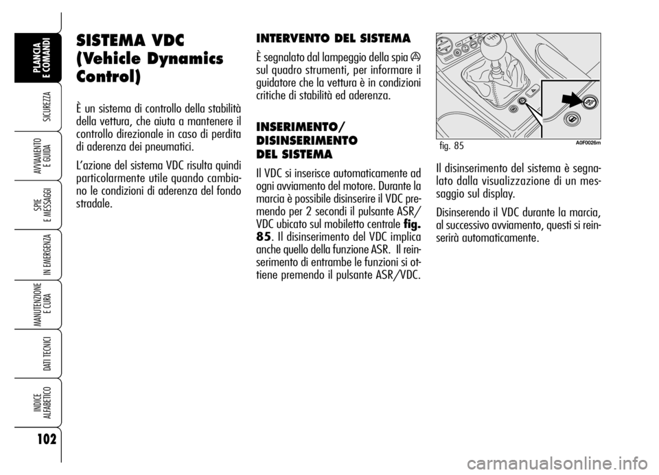 Alfa Romeo Brera/Spider 2006 Libretto Uso Manutenzione (in Italian) 102
SICUREZZA
SPIE
E MESSAGGI
IN EMERGENZA
MANUTENZIONE
E CURA
DATI TECNICI
INDICE
ALFABETICO
PLANCIA
E COMANDI
AVVIAMENTO
E GUIDA
SISTEMA VDC
(Vehicle Dynamics
Control)
È un sistema di control Alfa Romeo Brera/Spider 2006 Libretto Uso Manutenzione (in Italian) 102
SICUREZZA
SPIE
E MESSAGGI
IN EMERGENZA
MANUTENZIONE
E CURA
DATI TECNICI
INDICE
ALFABETICO
PLANCIA
E COMANDI
AVVIAMENTO
E GUIDA
SISTEMA VDC
(Vehicle Dynamics
Control)
È un sistema di control